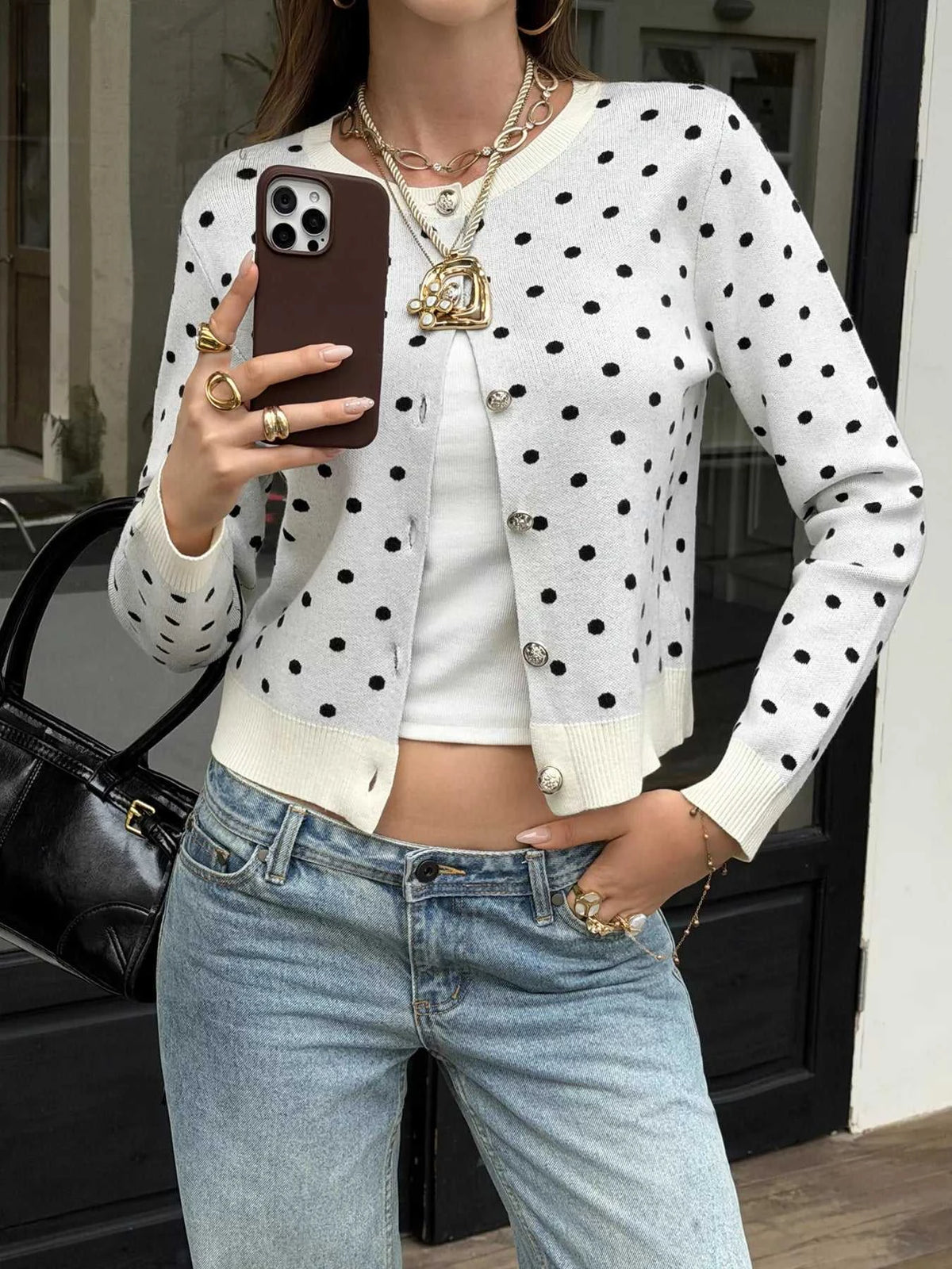 Polka Dot Button-Down Front Cardigan 101002647685102 55 Affordable Fashion Under $100 Jerry's Apparel 