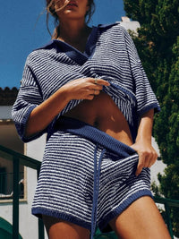 Collared Neck Contrast Striped Top and Shorts Sweater Set