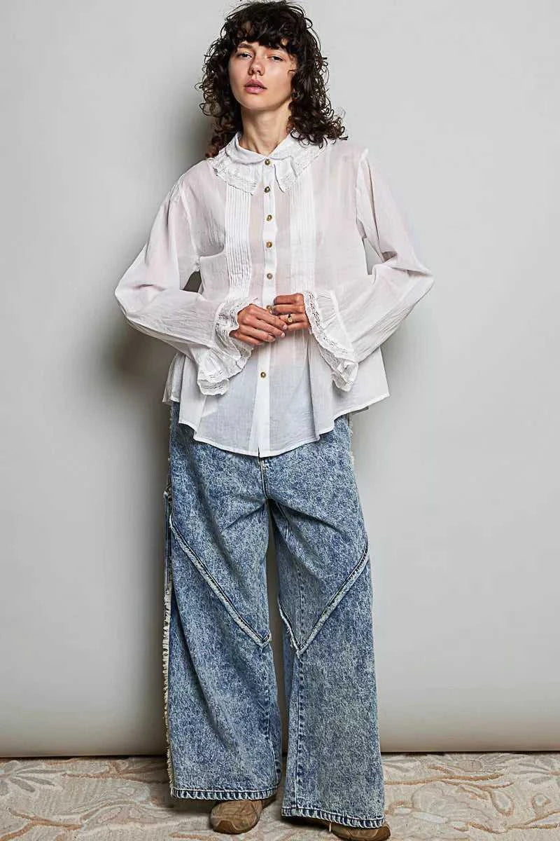 POL Woven Lace Trim Pintuck Button-Down Shirt 100100784961327 66 Affordable Fashion Under $100 Jerry's Apparel 