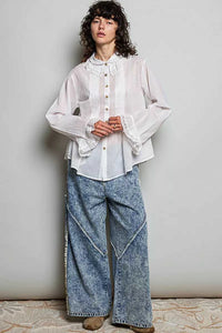 POL Woven Lace Trim Pintuck Button-Down Shirt 100100784961327 66 Affordable Fashion Under $100 Jerry's Apparel 