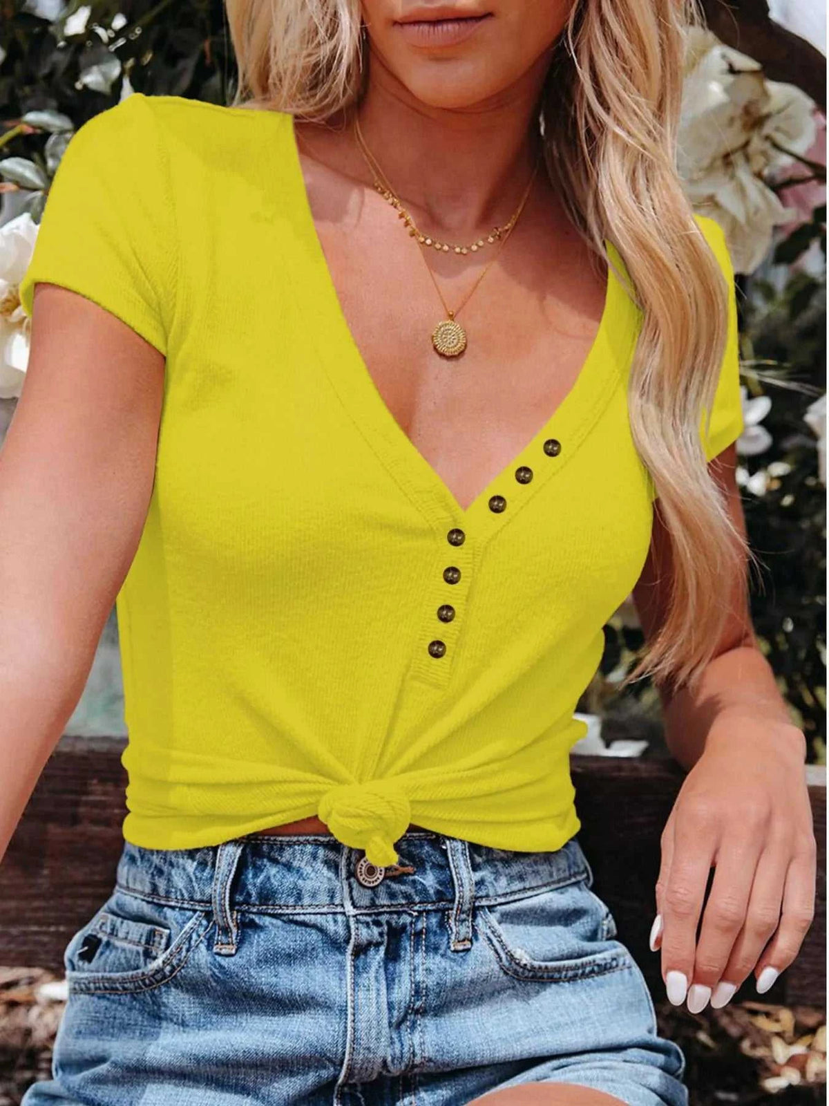Full Size Casual V-Neck Button Detail T-Shirt Plus Size 100100062434848 26 Affordable Fashion Under $100 Jerry's Apparel 