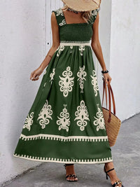 Smocked Printed Wide Strap Maxi Dress
