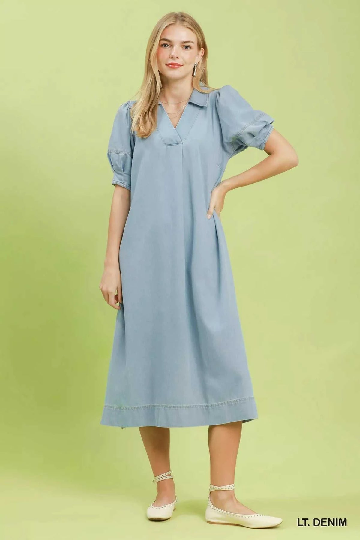 Umgee Chambray Collared Puff Sleeve Dress 100100937161574 64 Affordable Fashion Under $100 Jerry's Apparel 