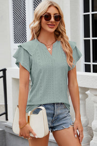 Eyelet Notched Flutter Sleeve T-Shirt