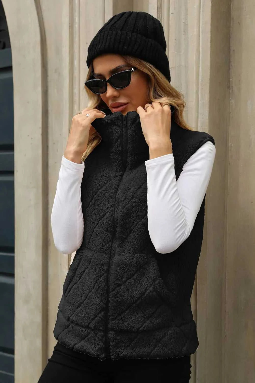 Fuzzy Plaid Texture Zip Up Vest Coat 100100915540550 35 Affordable Fashion Under $100 Jerry's Apparel 
