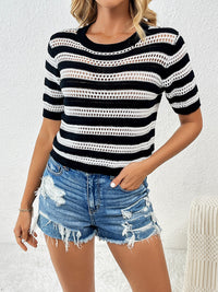 Openwork Striped Round Neck Short Sleeve Knit Top