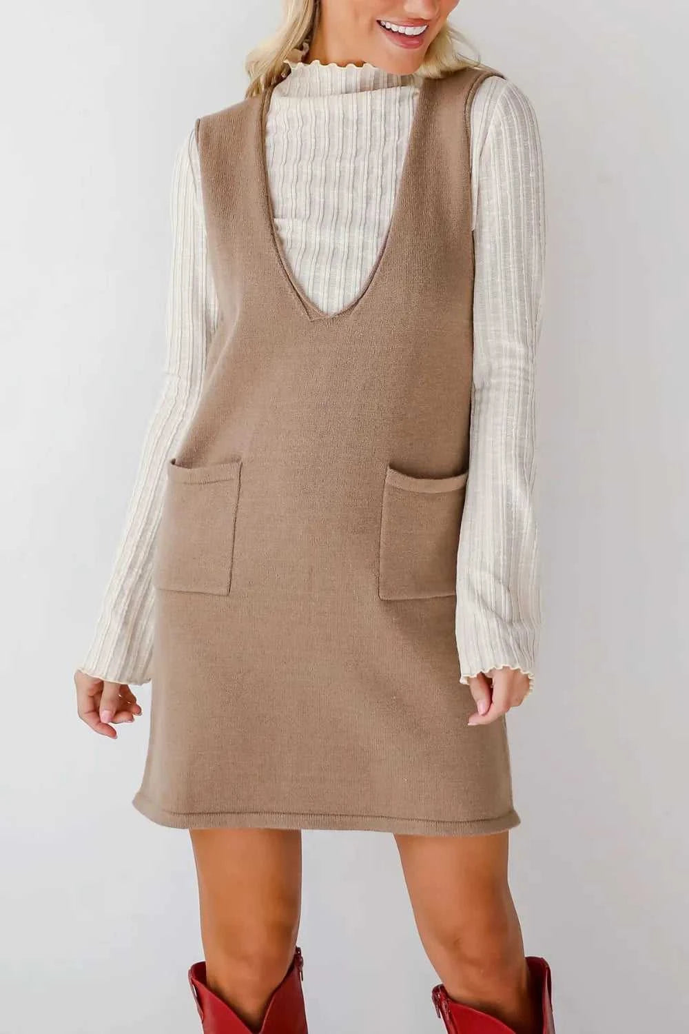 Lovelet Pocketed V-Neck Mini Sweater Overall Dress 100100741662145 42 Affordable Fashion Under $100 Jerry's Apparel 