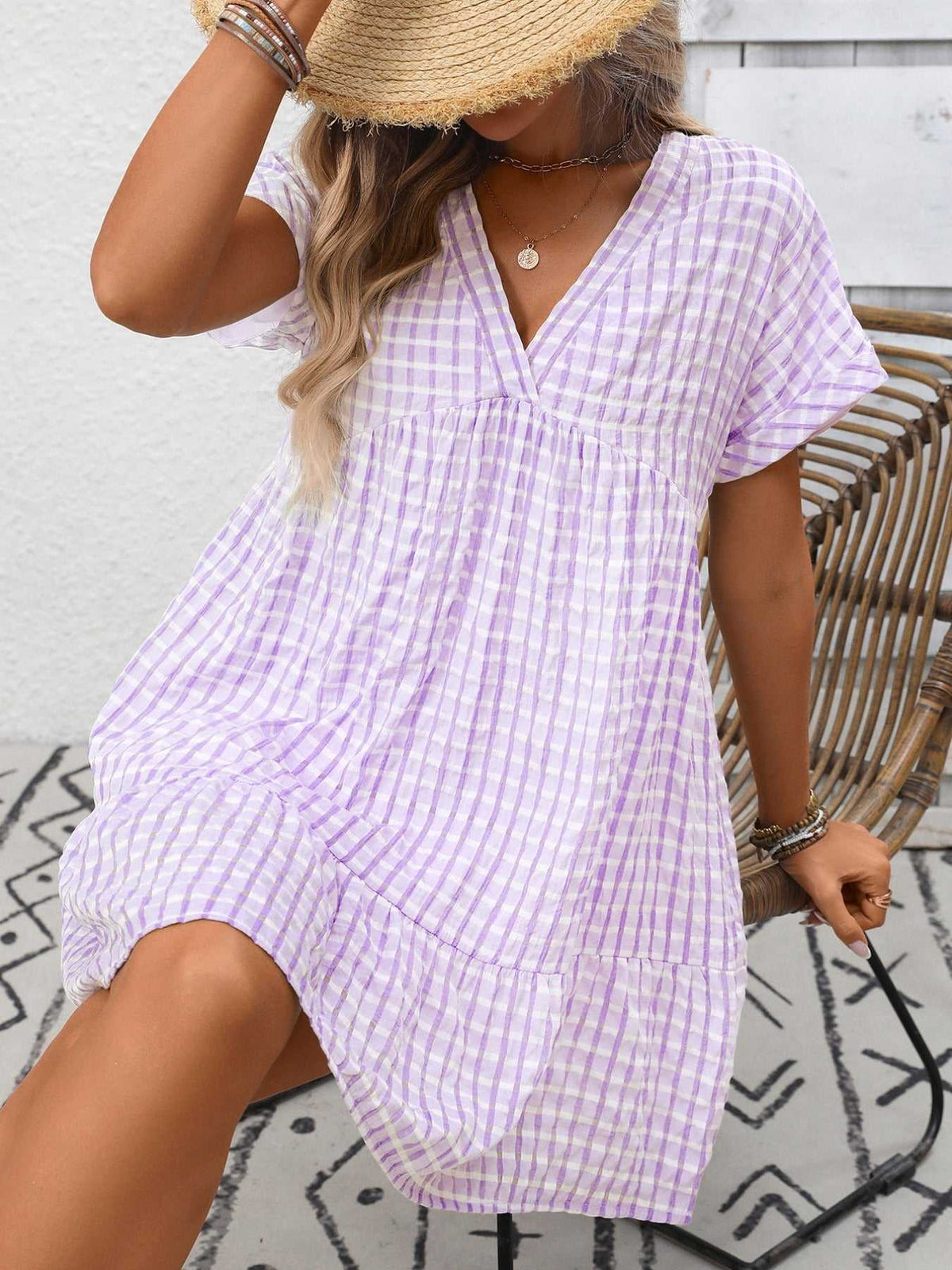 Plaid V-Neck Ruffle Hem Mini Dress 100100856082882 43 Affordable Fashion Under $100 Jerry's Apparel 