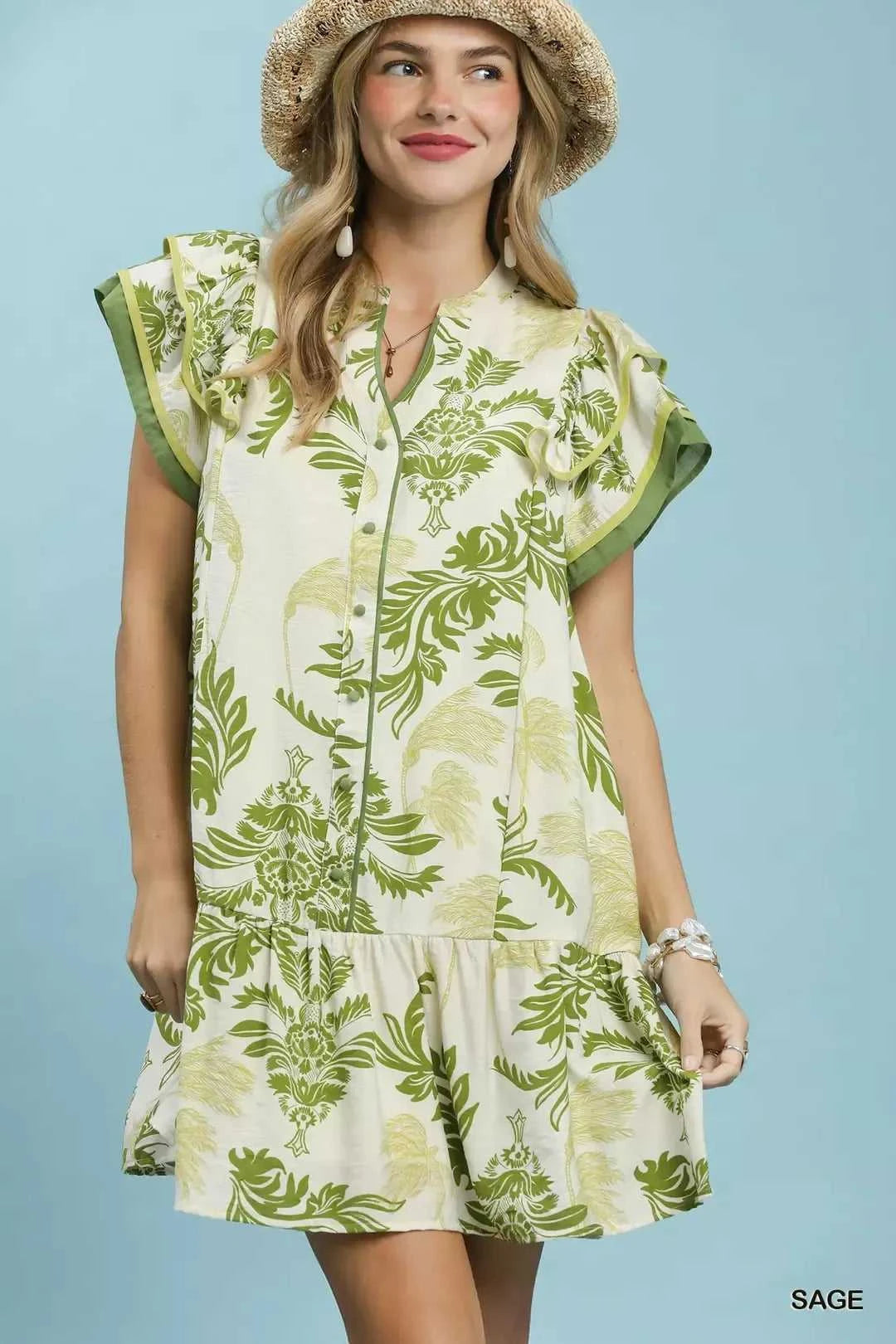 Umgee Toile Print Button-Front Placket Mini Dress with Dropped Ruffle Hem 100100053771104 57 Affordable Fashion Under $100 Jerry's Apparel 