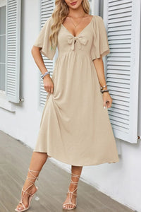 Smocked Tie Front Flutter Sleeve Midi Dress