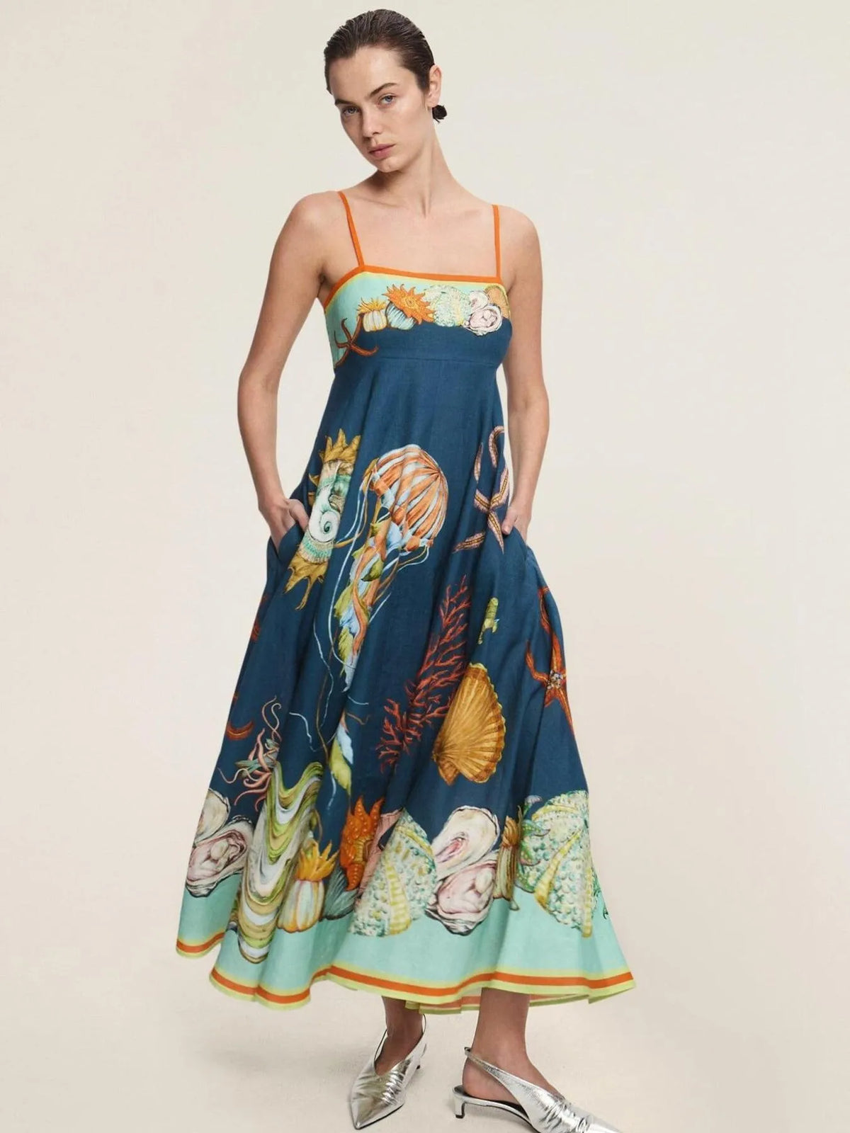Printed Cami Midi Dress with Pockets