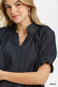 Umgee Chambray Puff Sleeve Scallop Hem Blouse 100100091881532 53 Affordable Fashion Under $100 Jerry's Apparel 