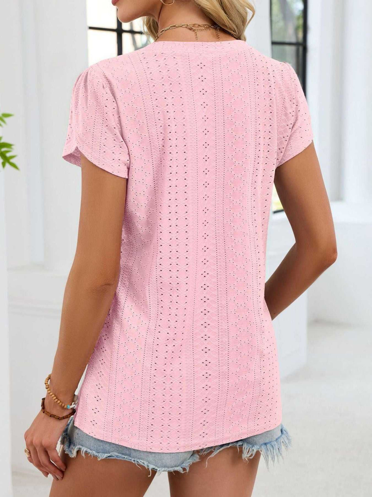 Eyelet Petal Sleeve V-Neck T-Shirt 100100180821182 24 Affordable Fashion Under $100 Jerry's Apparel 