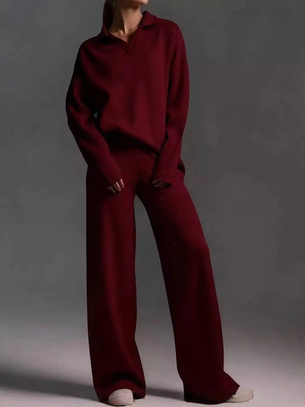 Polo Collar Top and Wide-Leg Pants Set 101001876960393 74 Affordable Fashion Under $100 Jerry's Apparel 