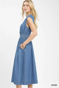 Umgee Denim Sleeveless Zip-Front Smocked Waist Midi Dress 100100842431197 62 Affordable Fashion Under $100 Jerry's Apparel 