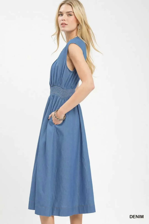 Umgee Denim Sleeveless Zip-Front Smocked Waist Midi Dress 100100842431197 62 Affordable Fashion Under $100 Jerry's Apparel 
