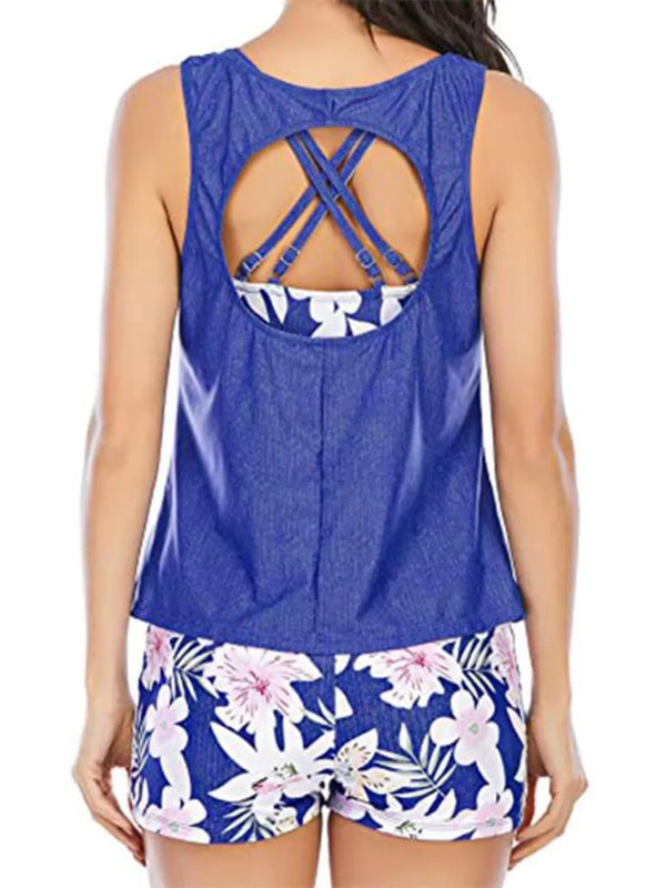 Cutout Printed Round Neck Three-Piece Swim Set