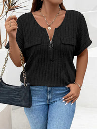Plus Size Ribbed Half Zip Relaxed Fit T-Shirt