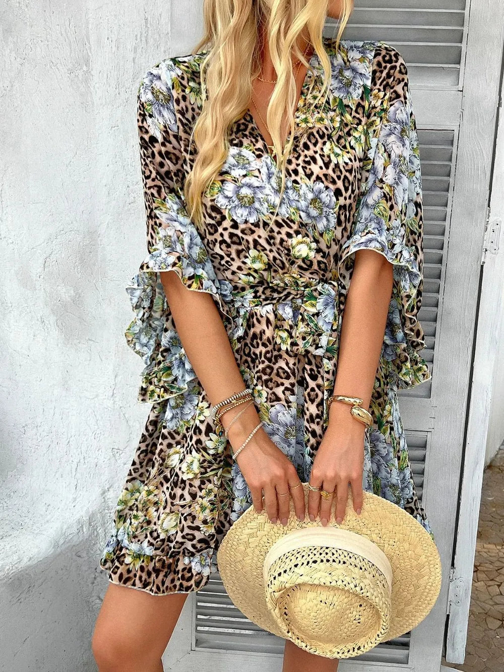 Devine Printed Surplice Ruffled 3/4 Sleeve Mini Dress