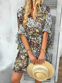 Devine Printed Surplice Ruffled 3/4 Sleeve Mini Dress