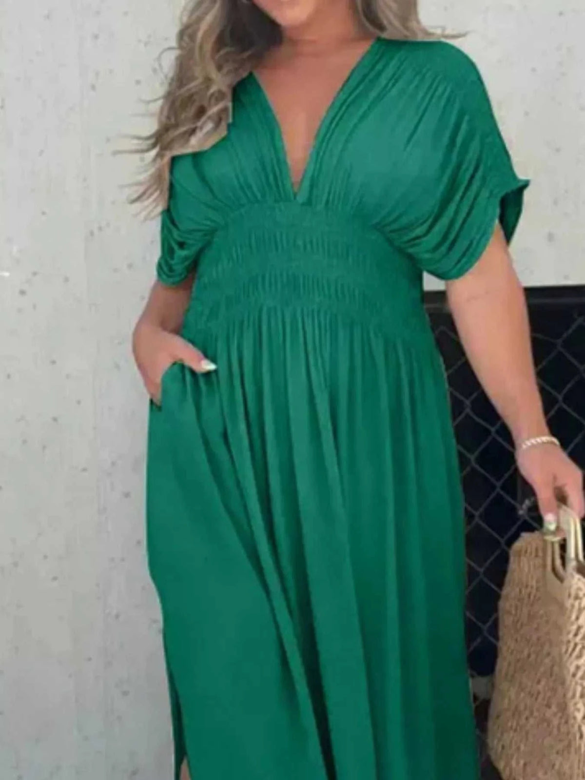 Full Size Slit V-Neck Smocked Waist Maxi Dress Plus Size 100100000480005 59 Gifts for Her Jerry's Apparel 