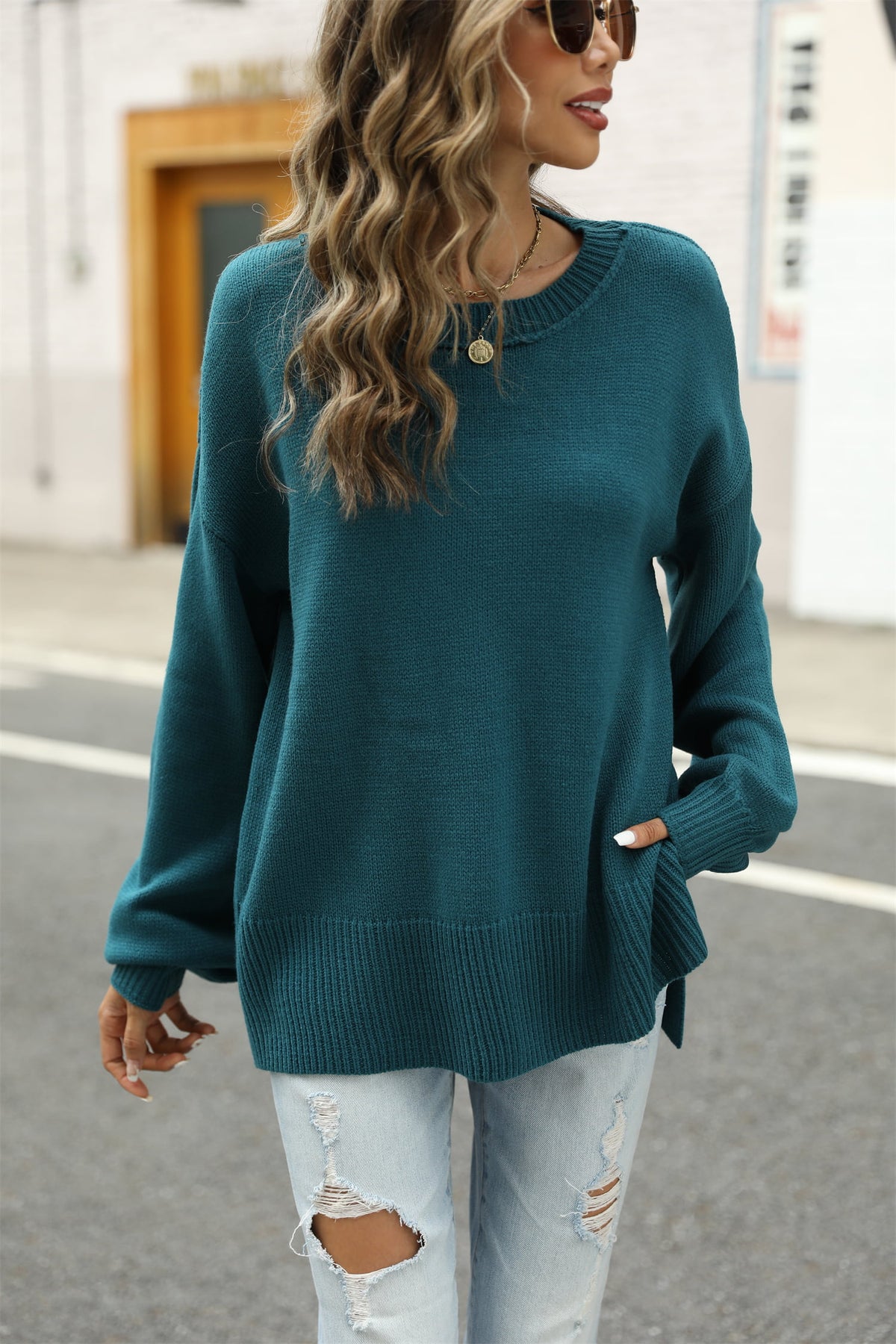 Angel Wings Round Neck Dropped Shoulder Slit Sweater