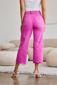 Full Size Tummy Control High Waist Raw Hem Jeans Pink Rouge