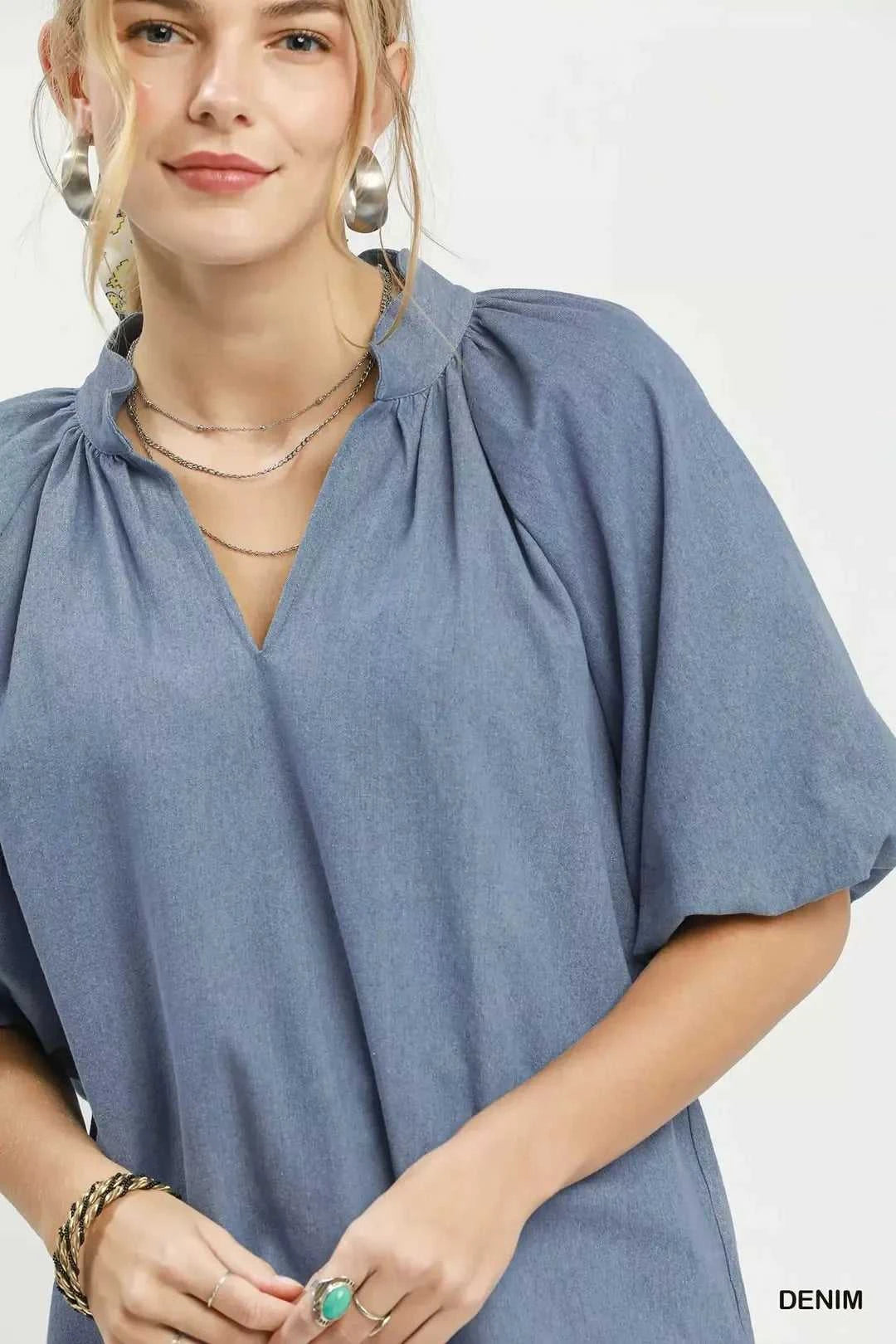 Umgee Chambray Scallop Hem Puff Sleeve Top 100100827681946 55 Affordable Fashion Under $100 Jerry's Apparel 