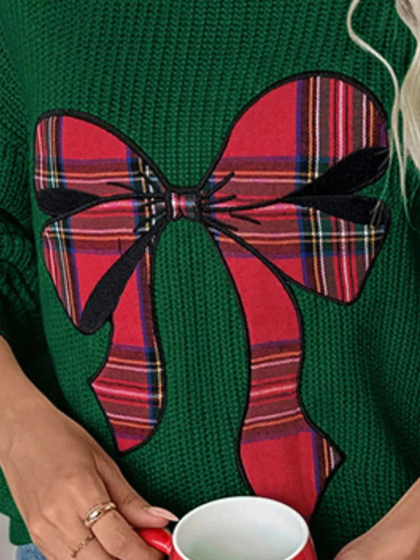 Plaid Bow Round Neck Christmas Sweater 100100324162161 62 Affordable Fashion Under $100 Jerry's Apparel 