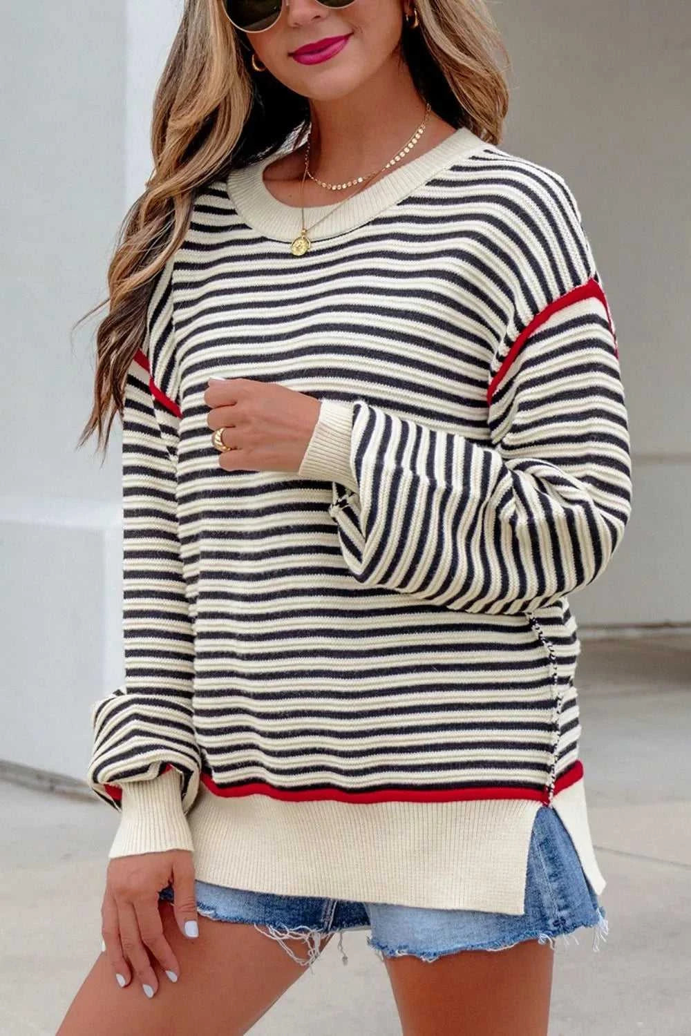 Stripe Ribbed Trim Drop Shoulder Oversized Sweater 100100407322838 55 Affordable Fashion Under $100 Jerry's Apparel 