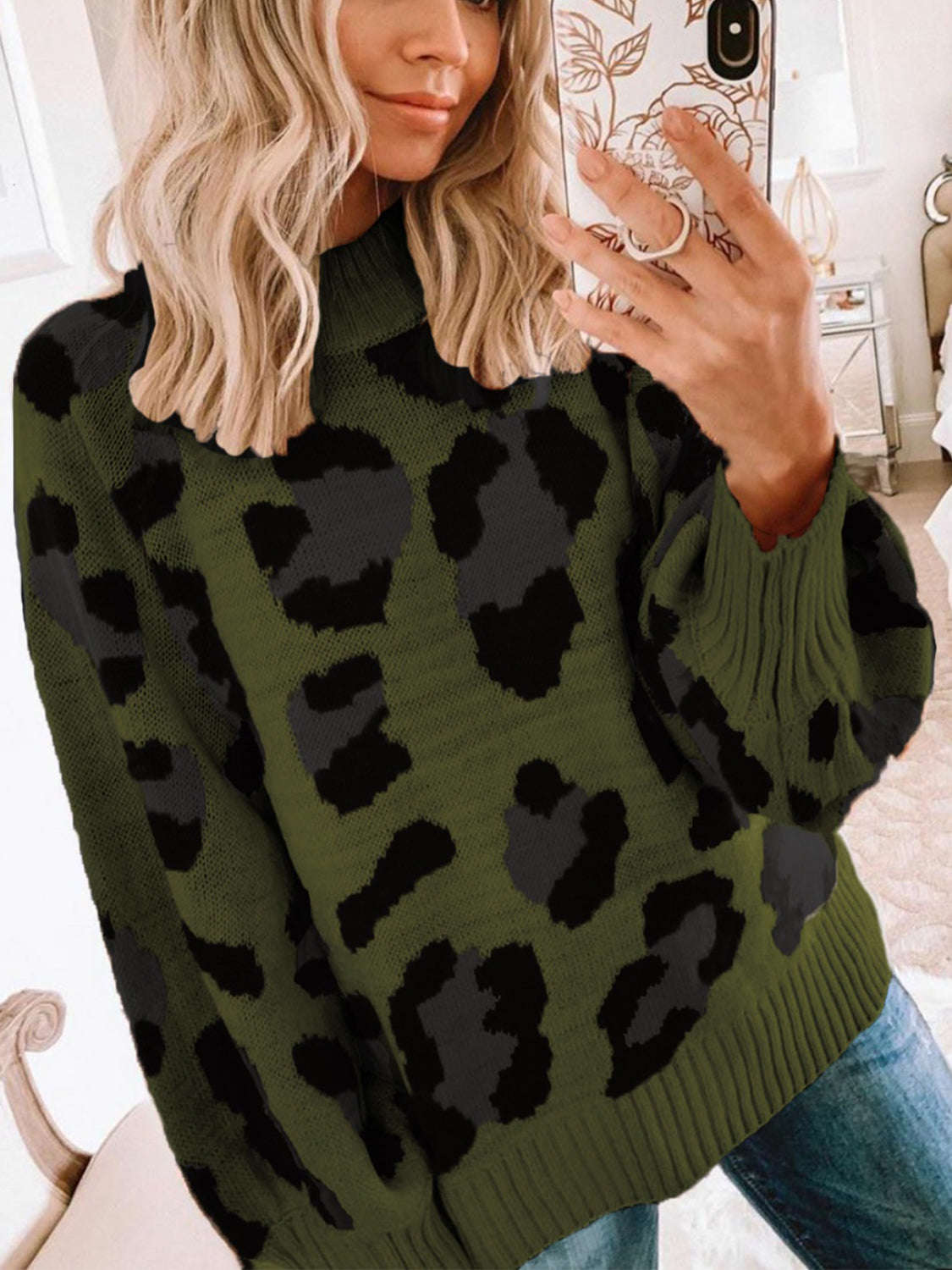 Angel Wings Leopard Mock Neck Dropped Shoulder Sweater