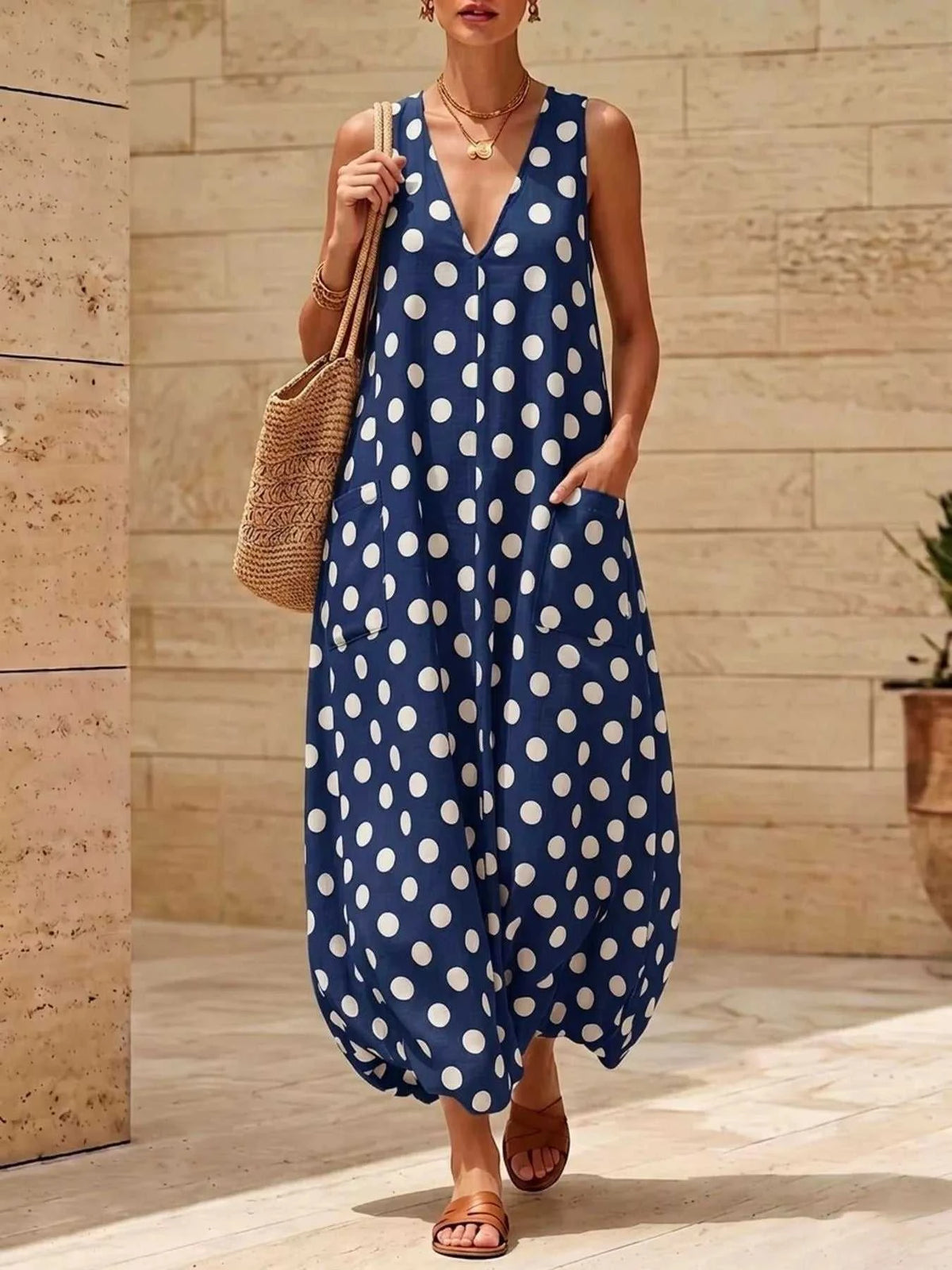 Polka Dot V-Neck Sleeveless Maxi Dress 100100165046334 32 Gifts for Her Jerry's Apparel 