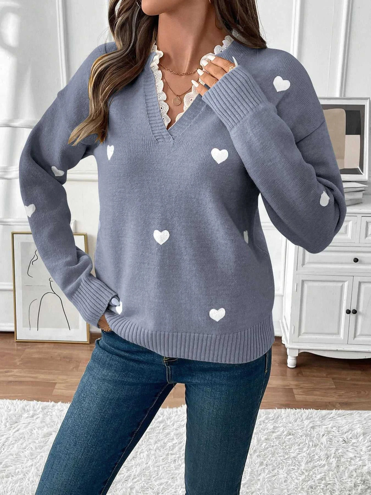 Heart V-Neck Long Sleeve Sweater 100100348759544 46 Affordable Fashion Under $100 Jerry's Apparel 