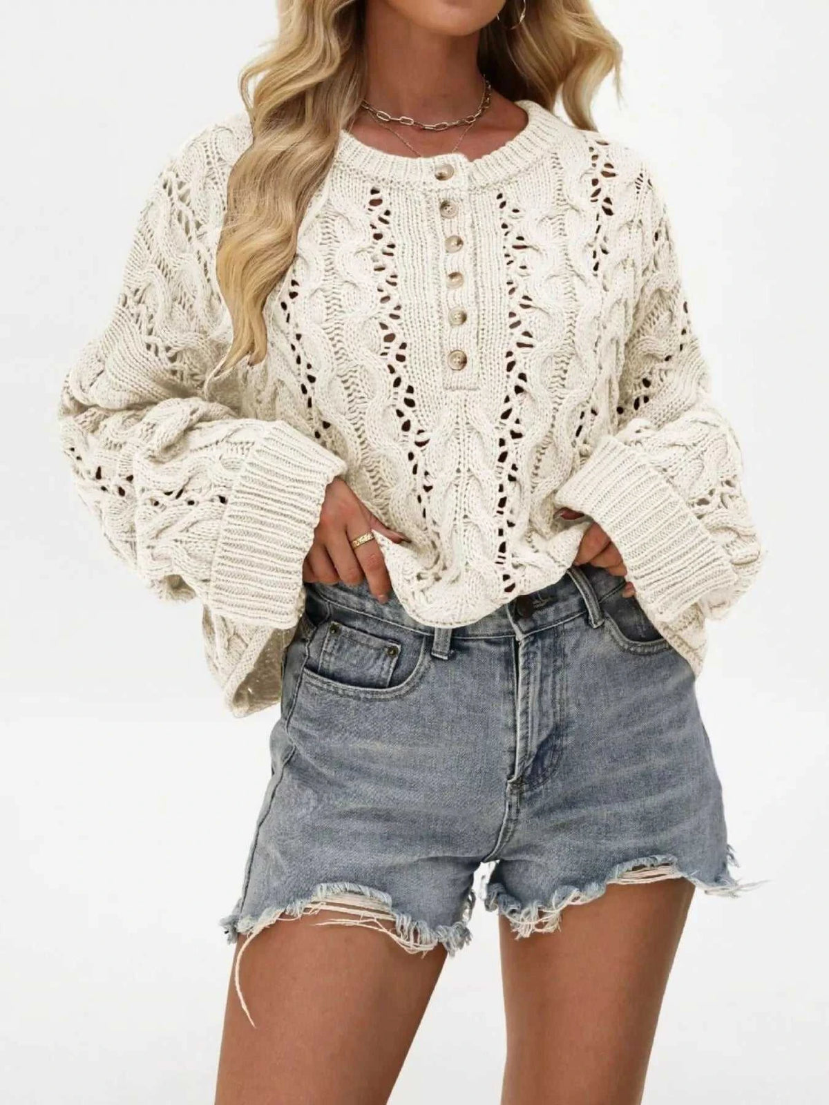 Chic Cable Knit Half-Button Openwork Sweater 100100449594474 54 Affordable Fashion Under $100 Jerry's Apparel 