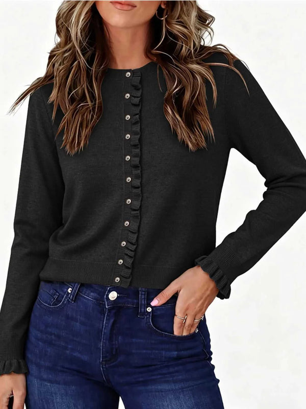 Ruffle-Trimmed Button-Down Knit Cardigan 101002281735681 69 Women's Sweaters and Knitwear Jerry's Apparel 