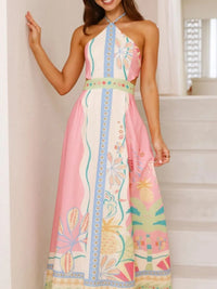 Halter Neck Tropical Print Maxi Dress