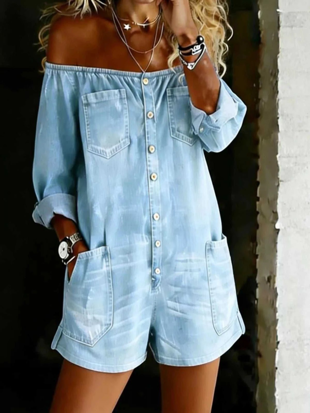 Full Size Button-Down Front Off Shoulder Romper Plus Size 100100291544989 47 Affordable Fashion Under $100 Jerry's Apparel 
