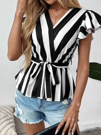 Striped Surplice Flutter Sleeve Wrap Blouse 100100743591516 27 Affordable Fashion Under $100 Jerry's Apparel 