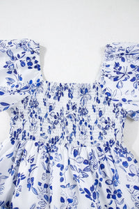 Smocked Printed Square Neck Puff Sleeve Dress