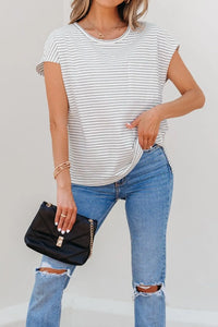 Stripe Cap Sleeve Crew Neck Casual Tee with Chest Pocket