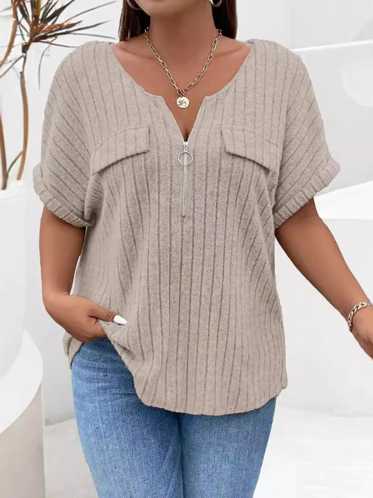 Plus Size Ribbed Half Zip Relaxed Fit T-Shirt