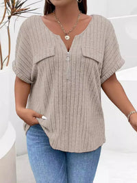Plus Size Ribbed Half Zip Relaxed Fit T-Shirt