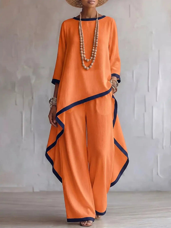 Full Size Contrast Trim High-Low Top and Pants Set Plus Size 101001695377847 67 Women's Pants Set Gifts for Her Jerry's Apparel 