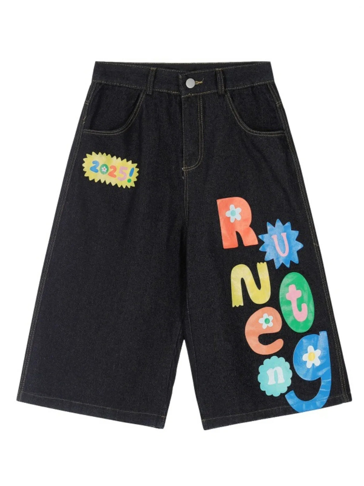 Men's Colorful Letter Graphic Bermuda Denim Shorts