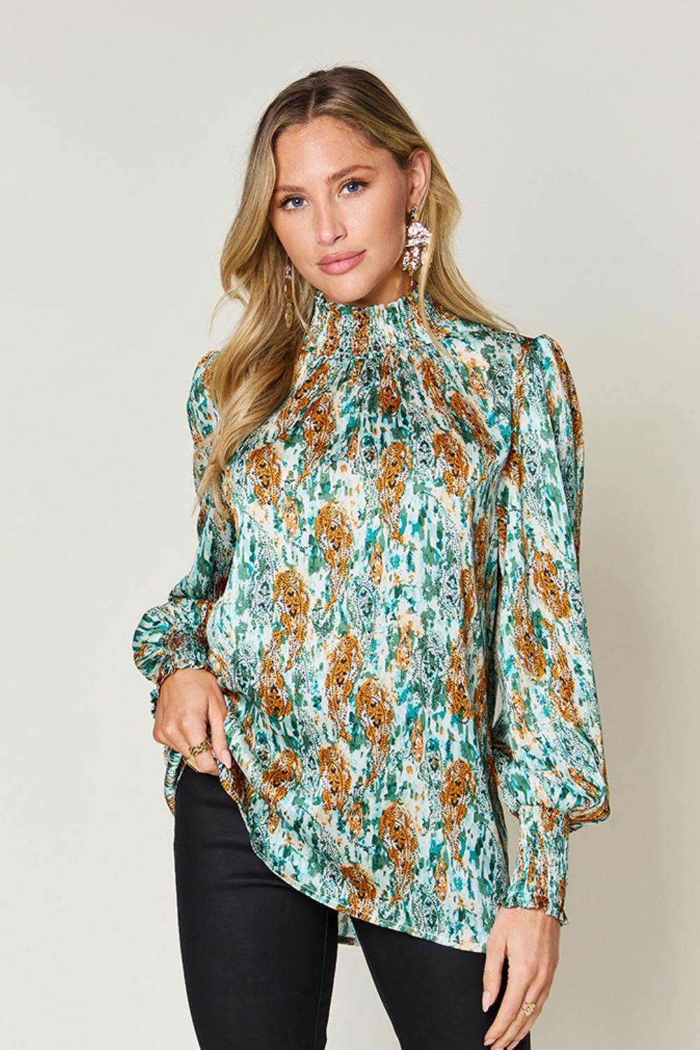 Full Size Printed Smocked Long Sleeve Blouse