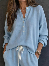 Waffle Knit Button Detail Top and Pants Set 101001629020741 57 Gifts for Her Jerry's Apparel 