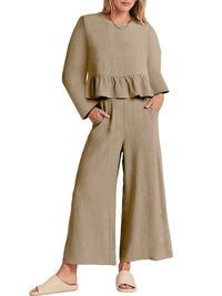 Full Size Ruffled Hem Long Sleeve Top and Pants Set Plus Size 100100344916700 44 Affordable Fashion Under $100 Jerry's Apparel 