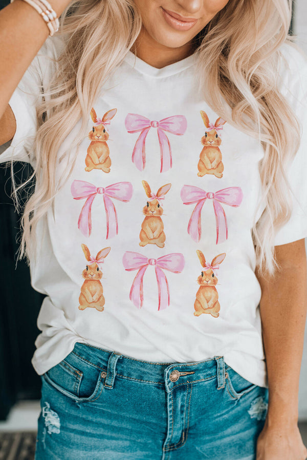 Rabbit & Bow Round Neck Short Sleeve T-Shirt