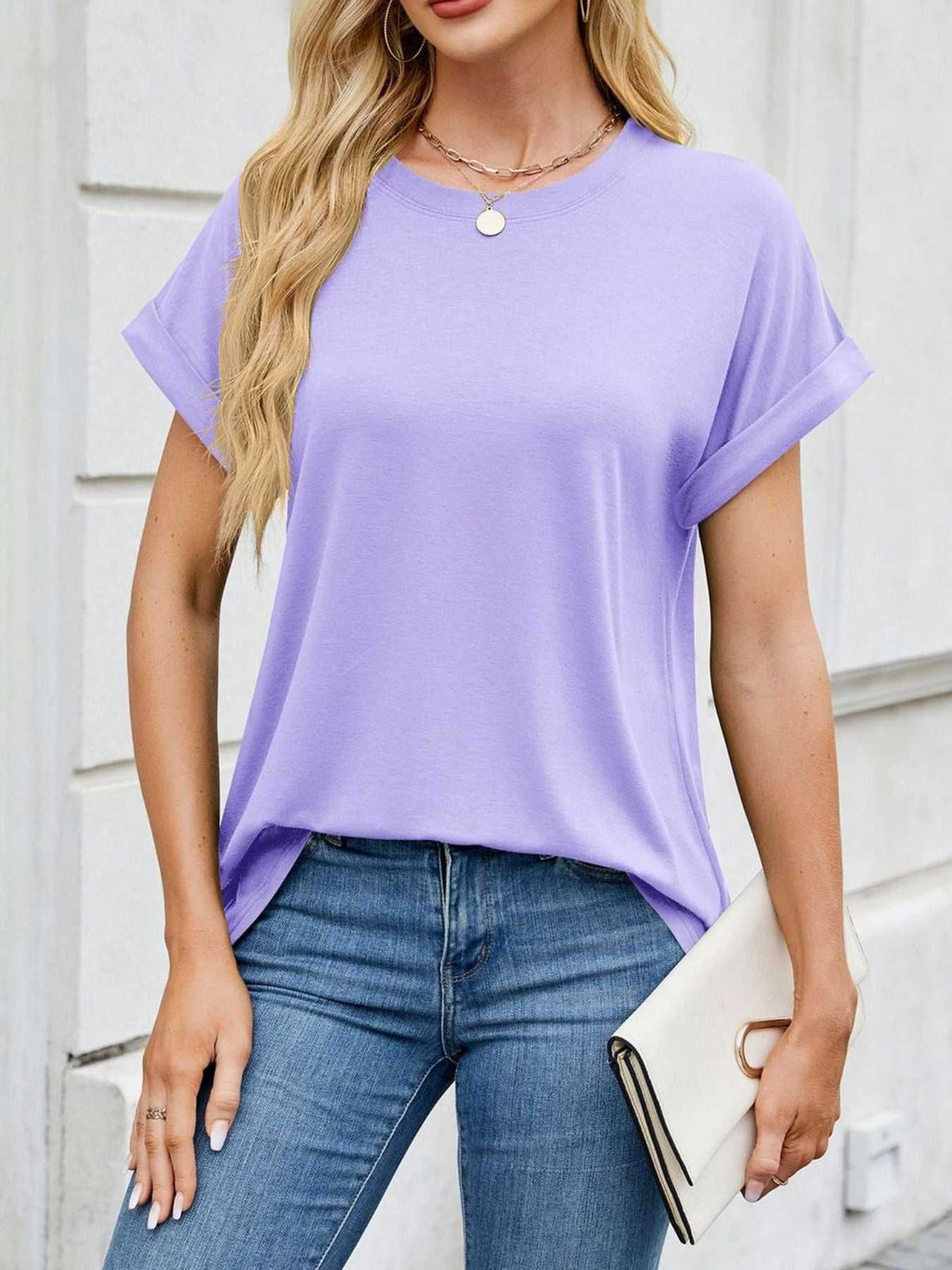 Casual Rolled Sleeve Solid Color T-Shirt 100100517201662 22 Affordable Fashion Under $100 Jerry's Apparel 