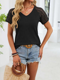 Lace Sleeve V-Neck Waffle Knit T-Shirt 100100150990299 25 Affordable Fashion Under $100 Jerry's Apparel 